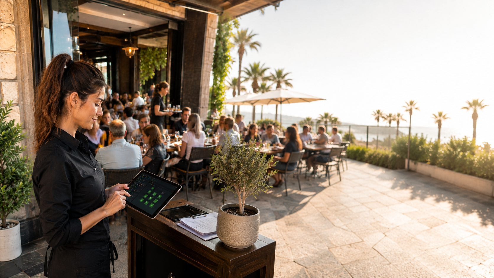 Empleada de restaurante consultando una tablet con el panel de reservas de Bookfly Rest